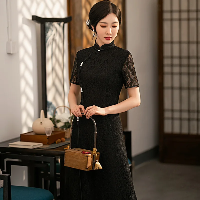 

A-Line Chinese Qipao Dress For Women Black Short Sleeve Lace Improved Aodai Cheongsam Formal Party Gown Full Slip Lace Vestidos