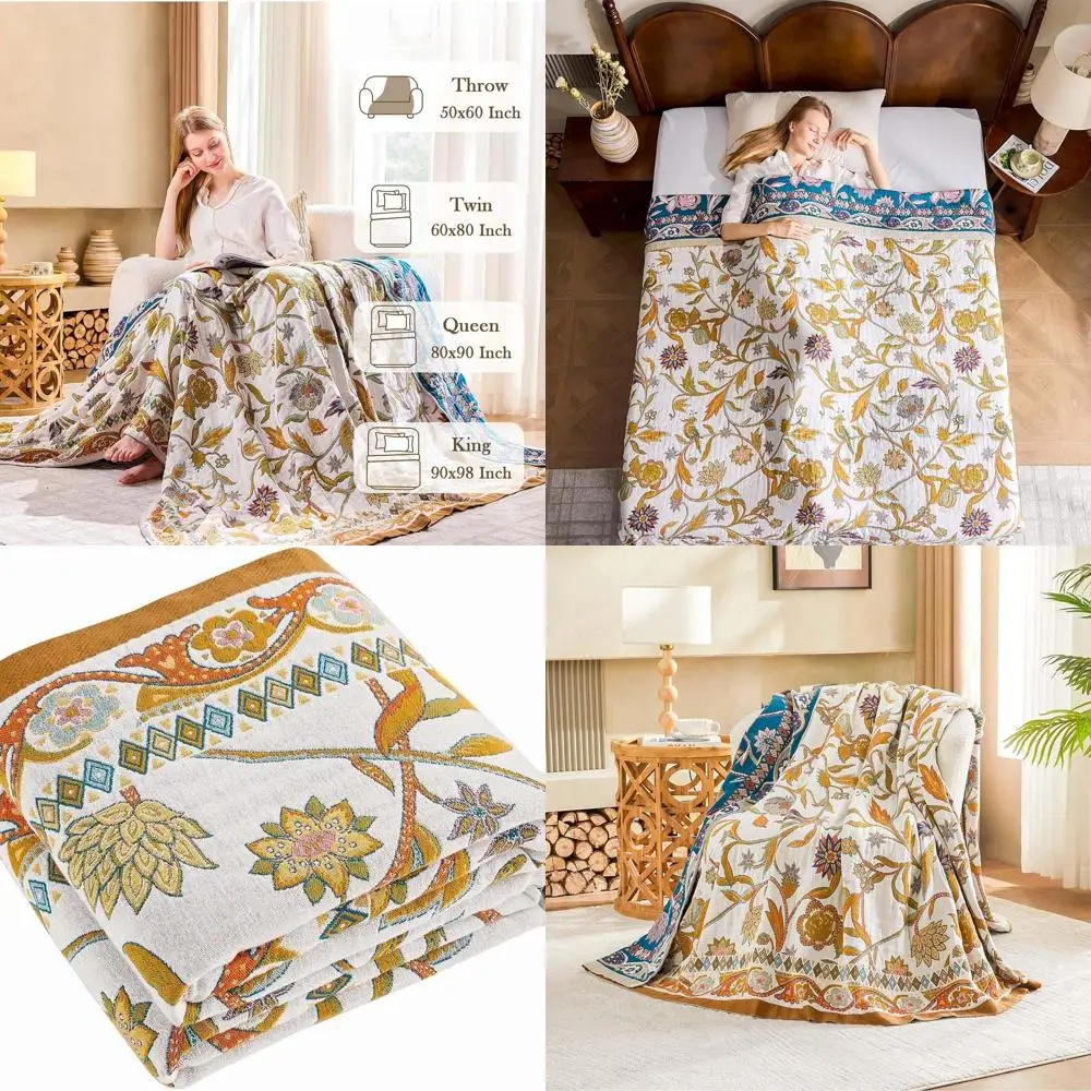 

Brown Bohemian Cotton Muslin Throw Blanket, 80x90 Reversible Farmhouse Style, Breathable 100% Cotton