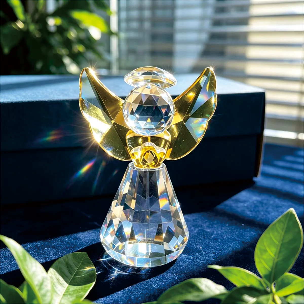85mm Angel Ornament - Glass Yellow Wings Figurine, Christmas Birthday Gift for Her, Home Office Desk Shelf Decor