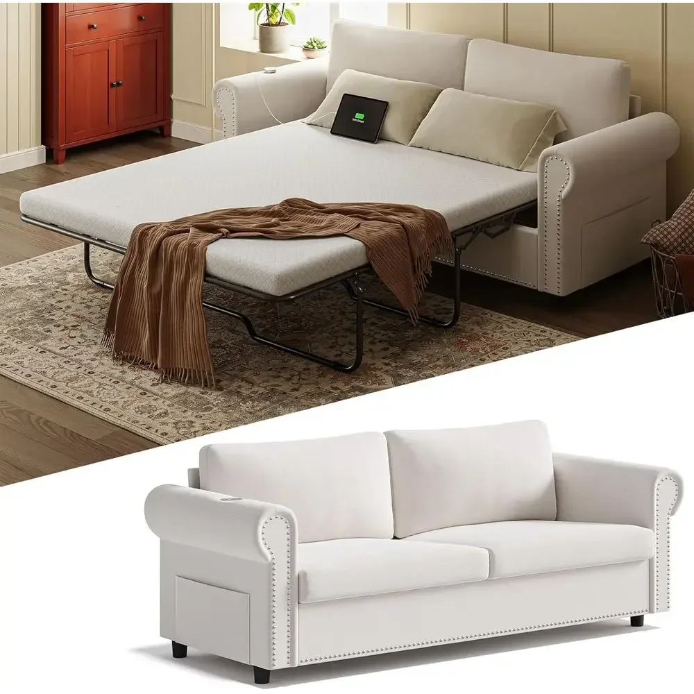 Ivory 83 Large Sleeper Sofa with Queen Mattress and USB Ports, 2-in-1 Convertible Loveseat-Bed