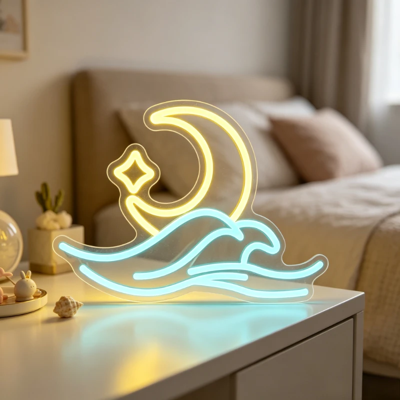 Moon Star Wave LED Neon Light Sign Dimmable Beach House Decor Neon Light Coastal Themed Cafe Kids Bedroom Night Atmosphere Lamp