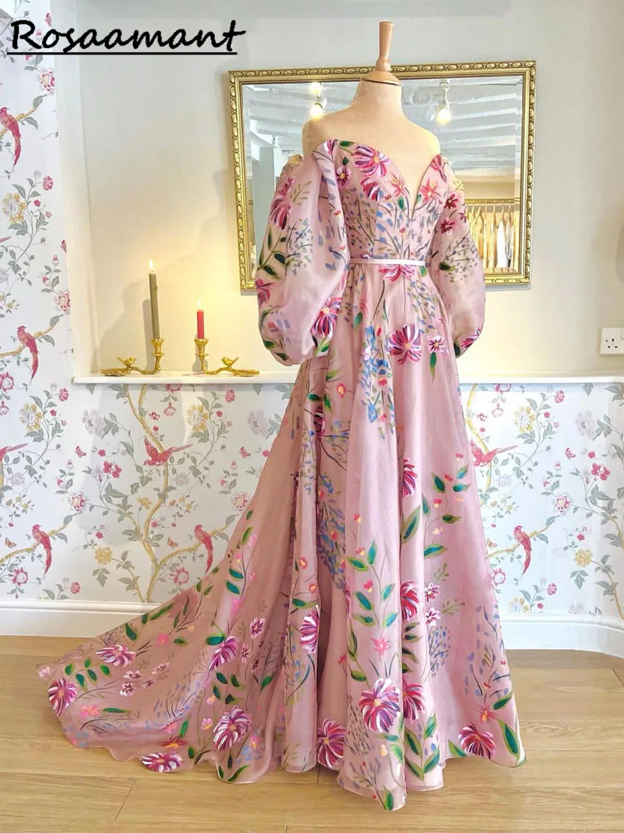 Print Flower Bohemian  Wedding Dresses Beach Square Collar Off  The Shoulder  Long A-Line Bridal Gown Vestido De Noiva