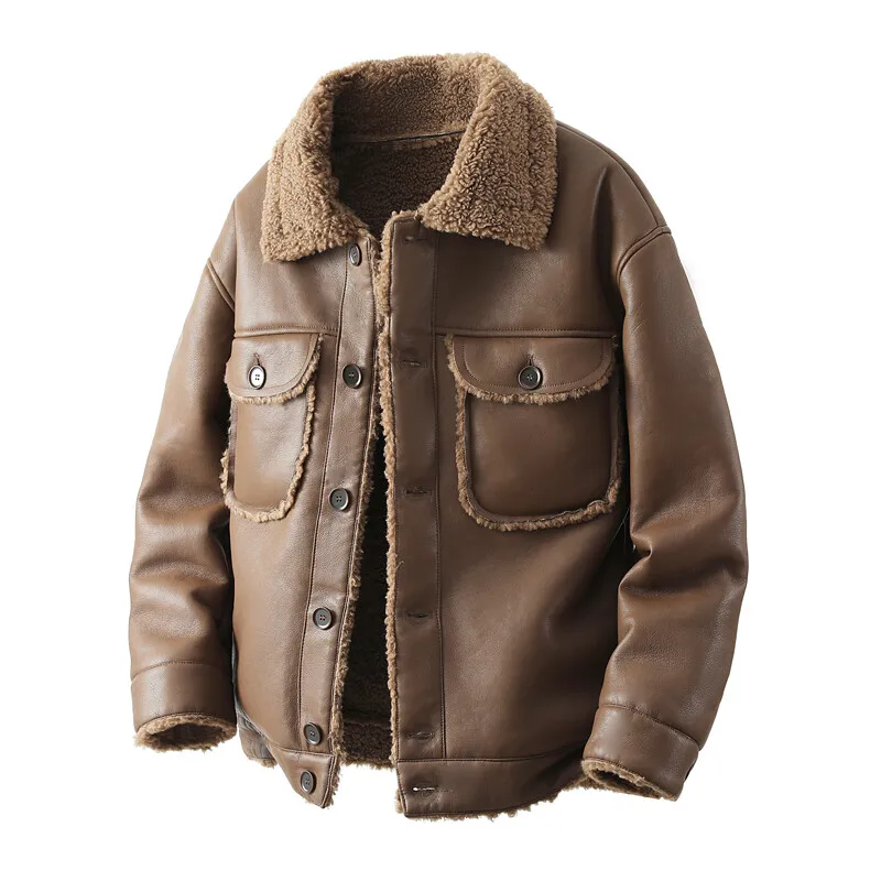 

Мужская байкерская куртка из овчины с утолщенной флисовой подкладкой, гарантированная теплота, модный прямой крой, зимнее пальто