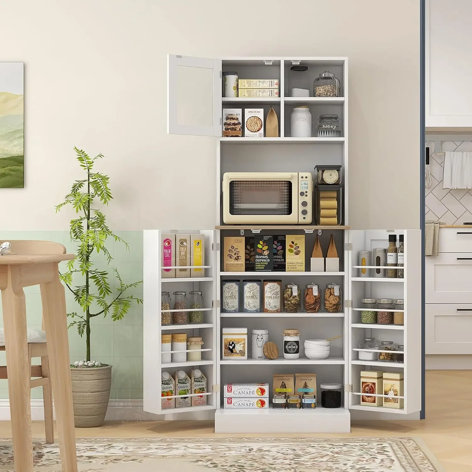 Garde-manger autoportant avec support pour micro-ondes, armoire de rangement de cuisine avec clapier, 8 étagères de porte, 66.5 po