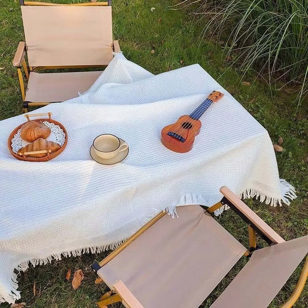 

Large Size Outdoor Picnic Mat Linen Portable Tablecloth with Tassel Lightweight Foldable Camping Ground Cloth Dust Cover