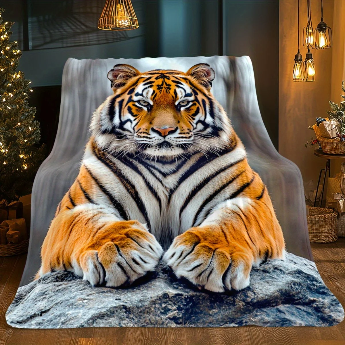 1 Tiger Portrait Blanket - Ultra-Soft Lightweight Flannel Fleece Throw Blanket Shawl with Realistic Tiger Head And Orange Fur Pa