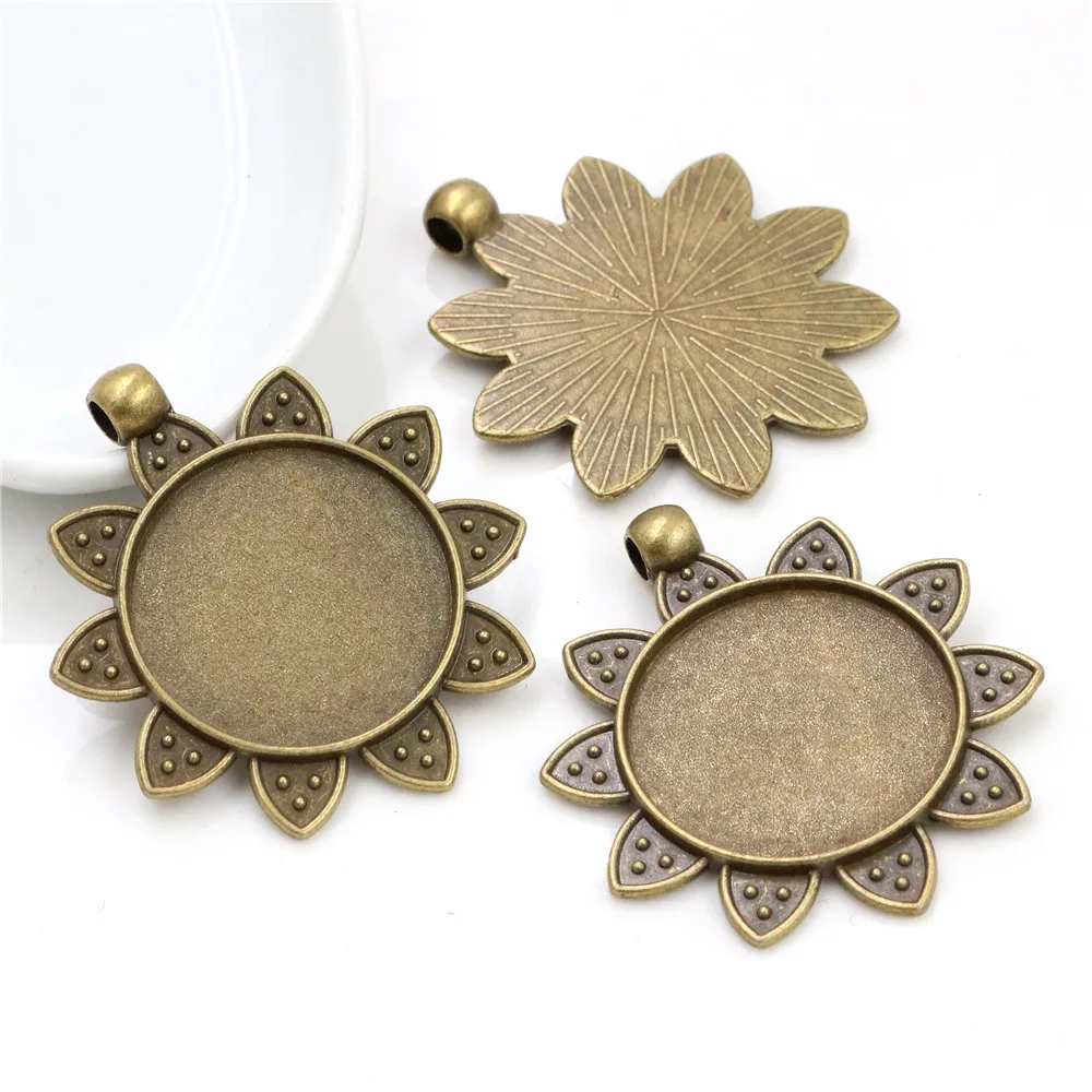 New Fashion 5pcs 25mm Inner Size Bronze Antique Silver Plated Black Sunflower Style Cabochon Base Setting Charms Pendant