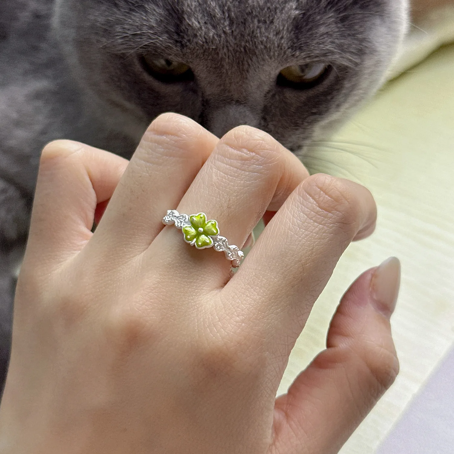 F.I.N.S Original Green Glazed S925 Sterling Silver Four-Leaf Clover Ring for Women Minimalist Burning Silver Open Finger Jewelry