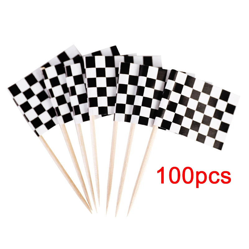 Adornos para tartas de coche de carreras de piezas, cupcakes adorno para a cuadros, decoración para tartas de bandera a cuadros para Baby Shower, decoración de cumpleaños de coche de carreras, 100