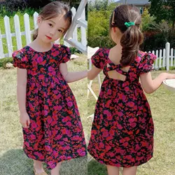 Summer Casual Baby and Girls Cotton All-Over Floral Backless A-Line Retro Long Dress School Kids Sweet Outfit Child Skirt 2-8Yrs