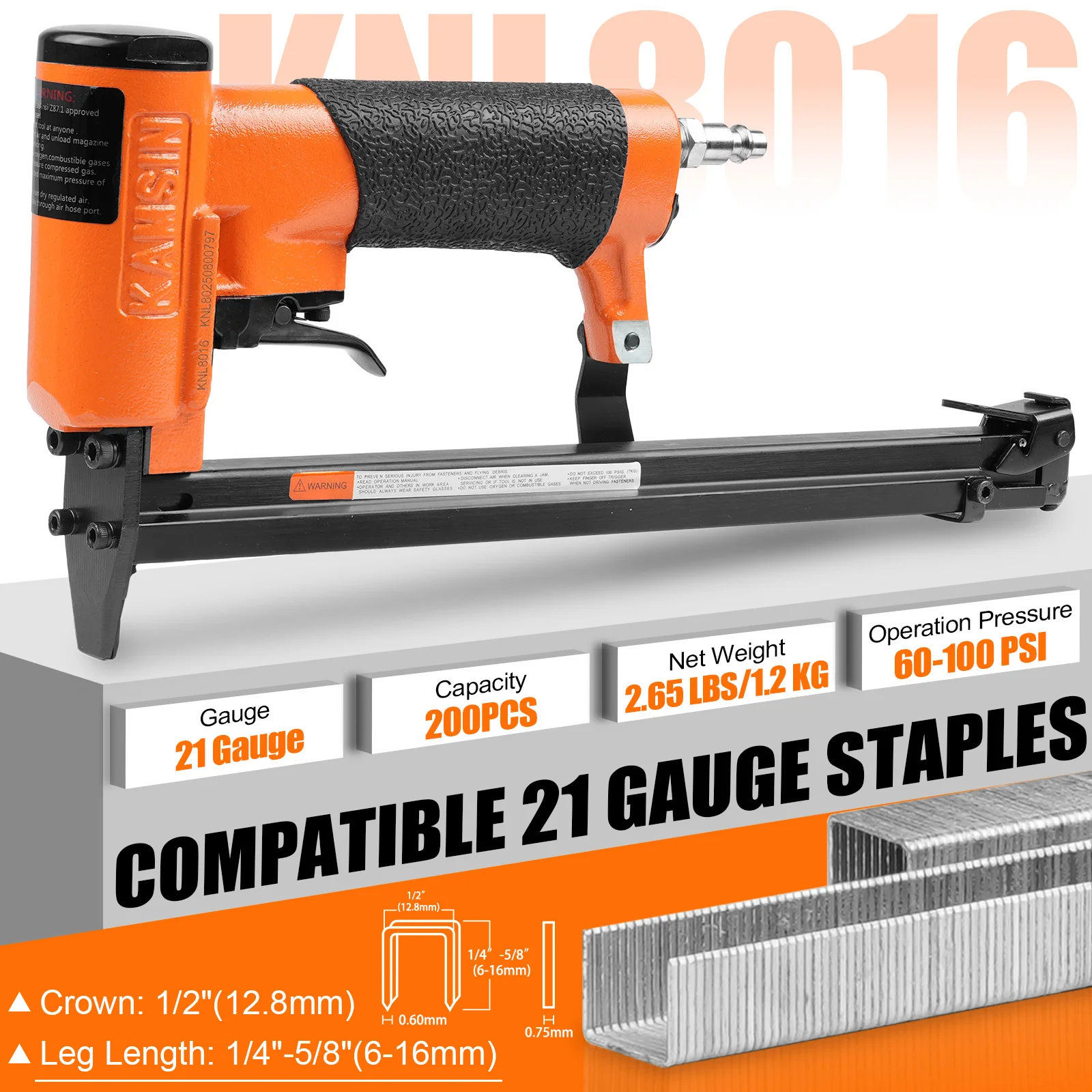 KAMSIN KNL8016 21 Gauge with Extended Long Magazine, 1/2-Inch Crown Staples, 1/4-Inch to 5/8 -Inch Leg Length,  for Furniture, C