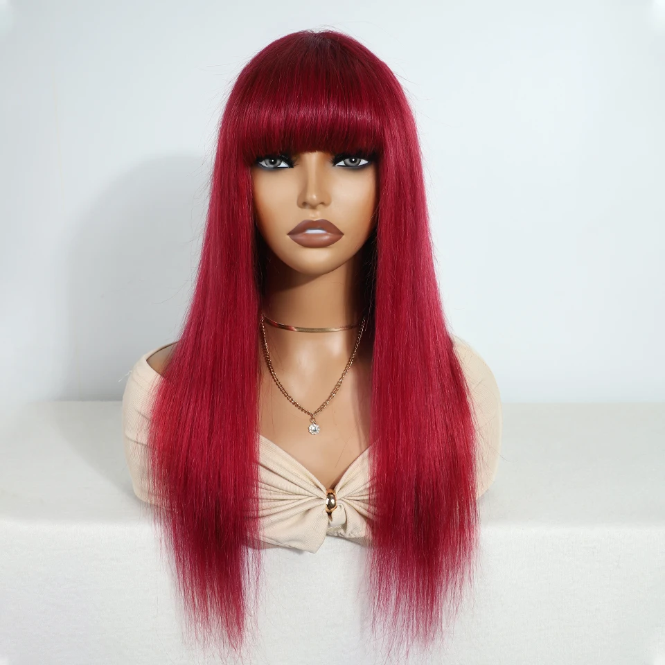 Sleek Burgury Red Staright Wigs With Bangs Human Hair Wig Easy to Go Color Wig Peruvian Straight Human Hair Wigs with Bangs