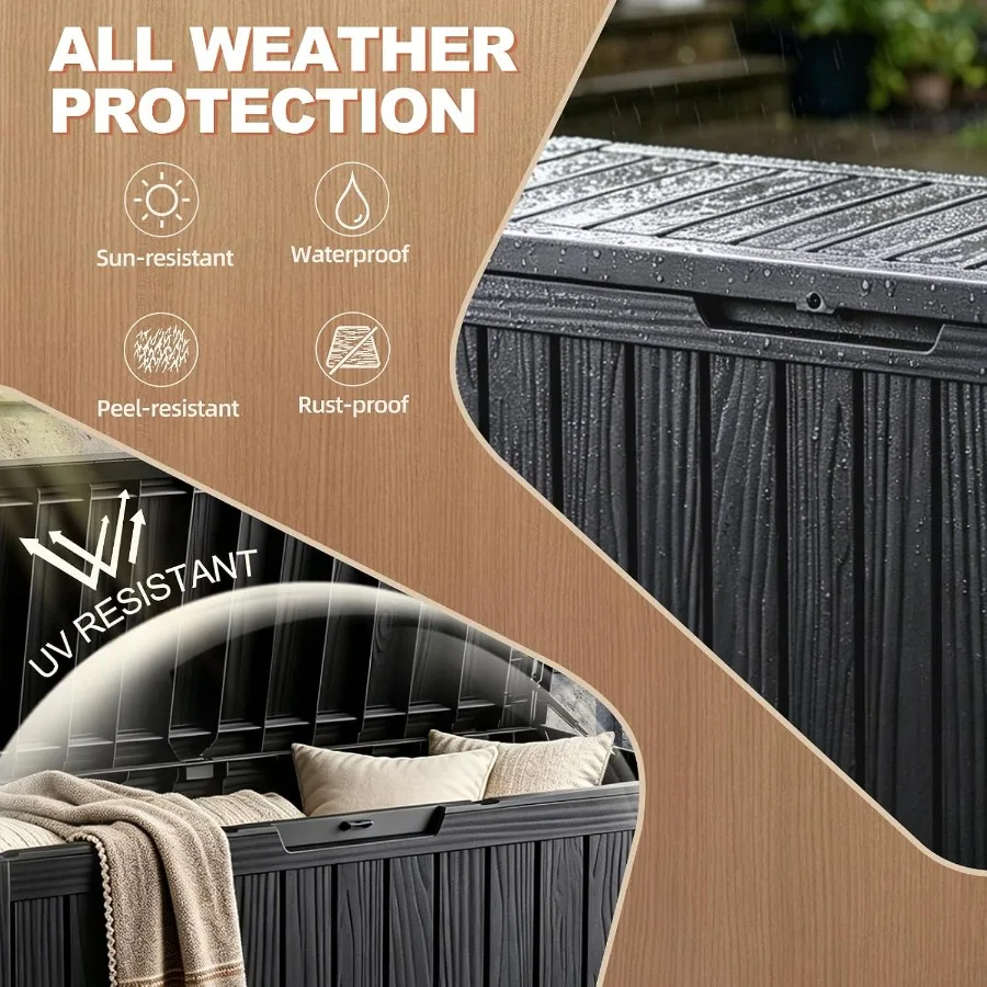 Outdoor Storage Box Deck Box for patio use, waterproof resin material, gray color, weather-resistant and lockable design