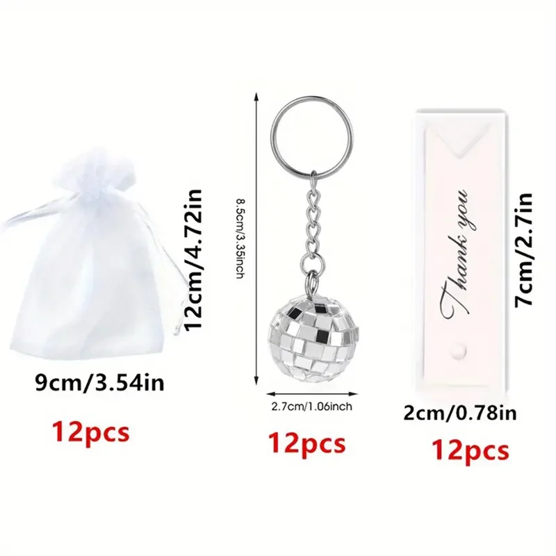 LICE-12 個ミラーディスコボールキーホルダー巾着付き薄手のオーガンザバッグありがとうタグ 70S アクセサリーディスコパーティーの記念品