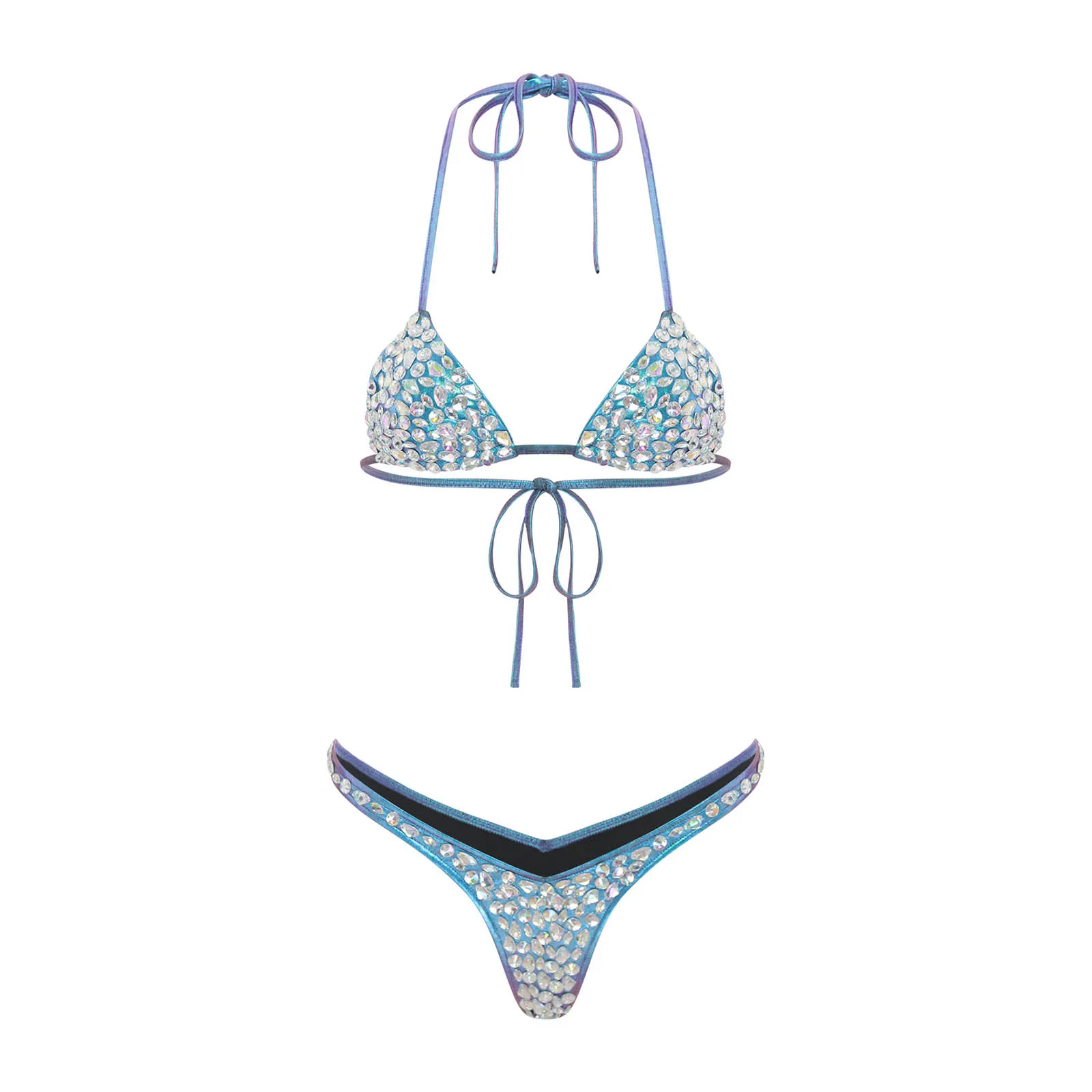 

Women's Halter Triangle Biquini Bikini Brazilian Swimwear Charming Sparkly Diamonds Bra And Thong Bathing Suit Bikini Swimsuit