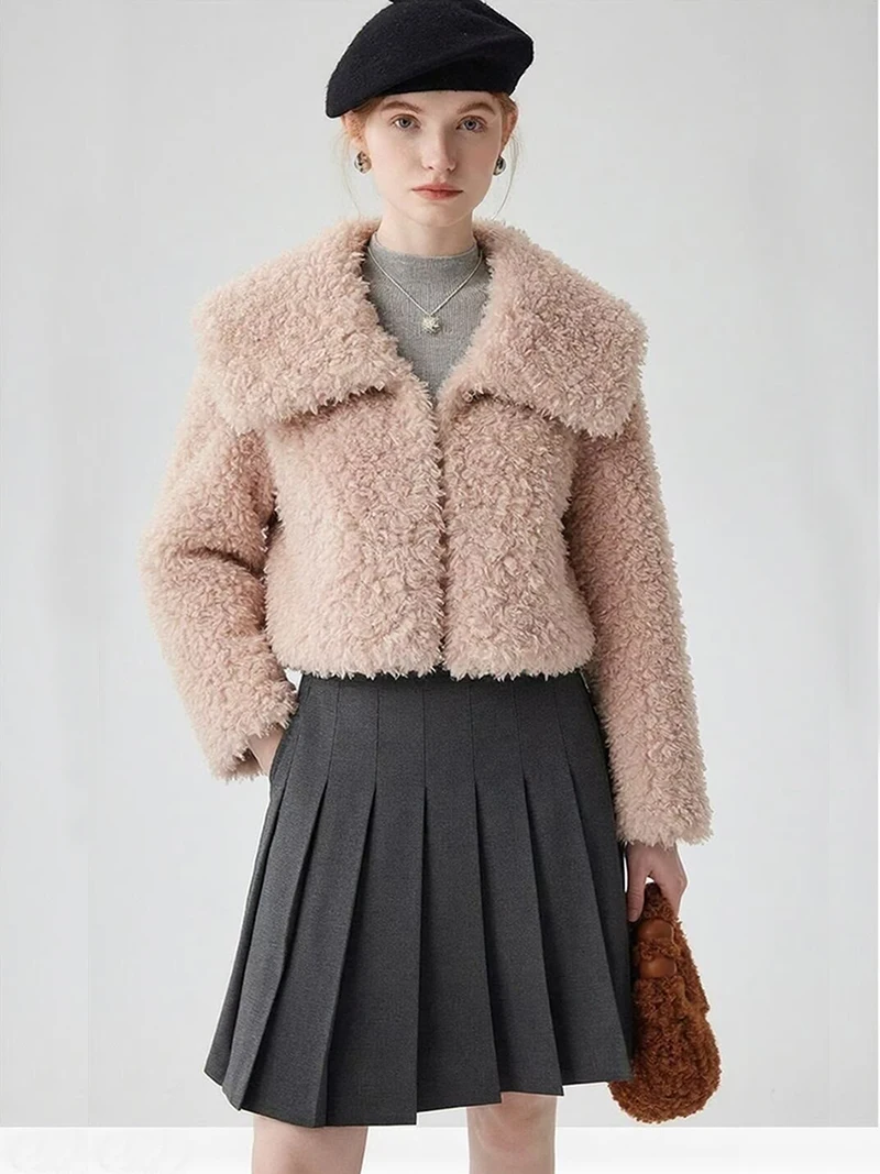 ZADORIN 2026 Chic Sailor Collar Cropped White Black Pink Faux Sheep Fur Coat Woman Sweet Short Faux Fur Jackets For Woman Tops