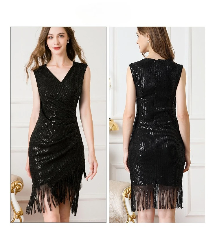 세련되고 타이트한 딥 V넥 섹시 드레스, 스팽글, 태슬, 언밸런스 밑단 디자인으로 모든 종류의 댄스 파티에 적합합니다.