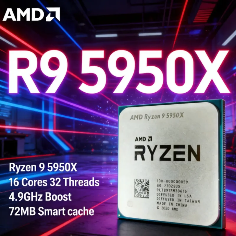 Procesador AMD Ryzen 9 5950X de 16 núcleos y 32 hilos, hasta 49 GHz, AM4, CPU con 64 MB de caché, 105 W, procesador para juegos de escritorio, sin ventilador.