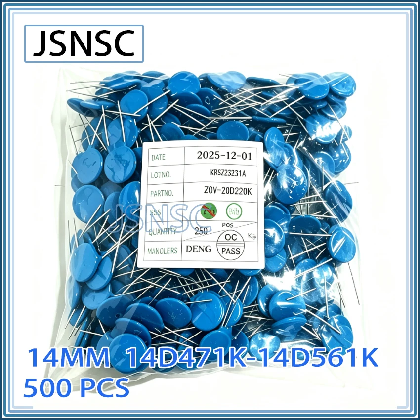 JSNSC Varistor resistance 500PCS 14D 14D471K 14D511K 14D561K 14D621K 14D681K 470V 510V 560V 620V 680V 14MM DIP-2 piezoresistor
