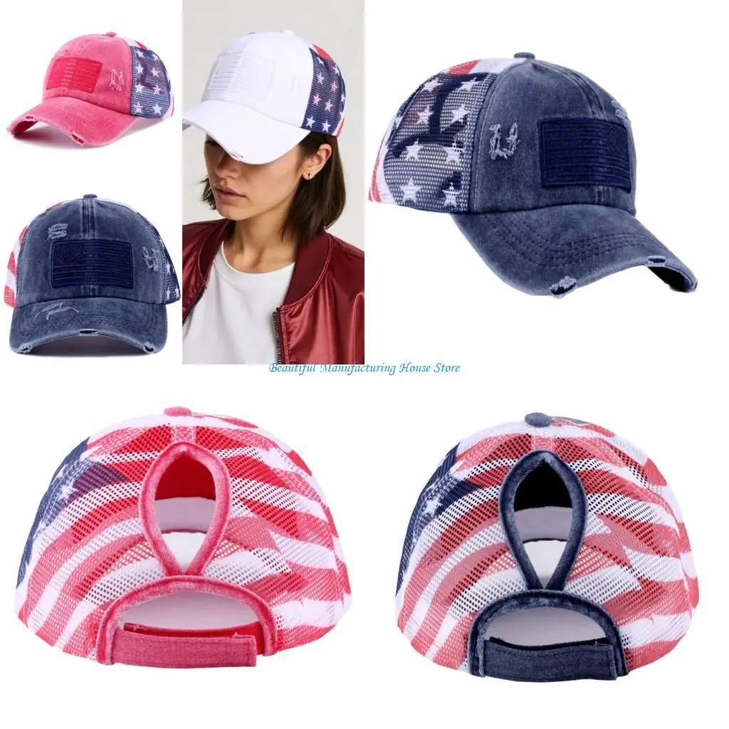 E56A Distressed Ponytail Baseball Caps For Outdoor Enthusiasts with Adjustable Closure Sun Protective Mesh Sun Hat for Adult