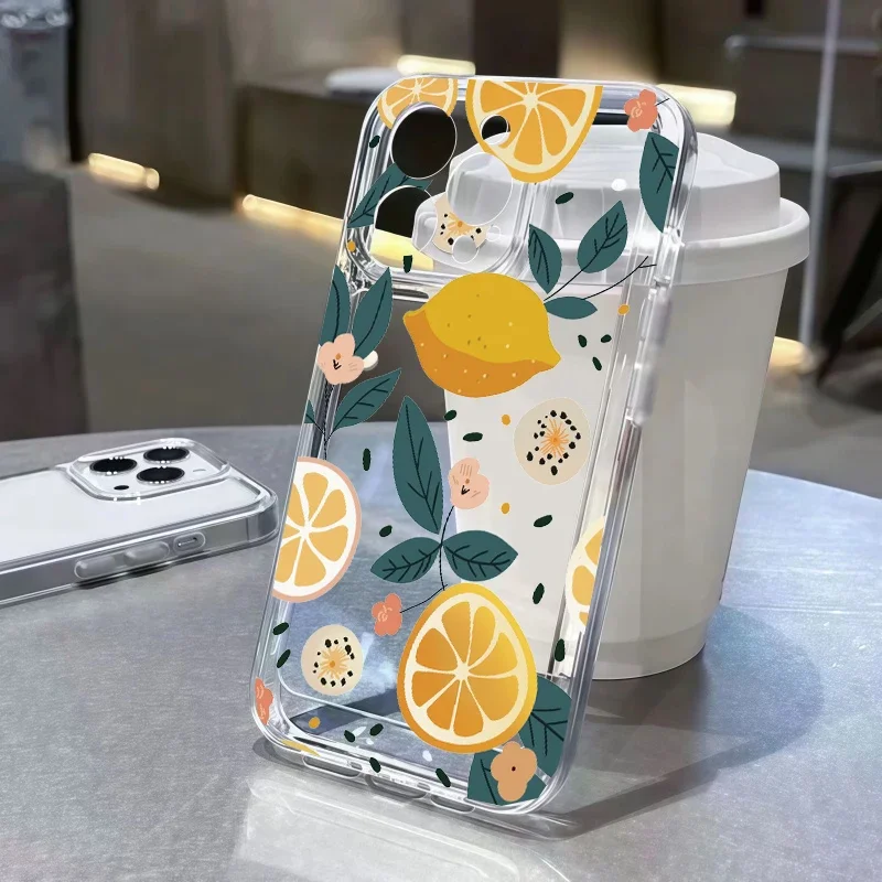 

Case For IPhone 15 Pro Max 14 11 12 13 Mini XR XS 7 8 6 6S Plus SE 2022 Summer Fruit Lemon Flower Clear Full Protection Cover