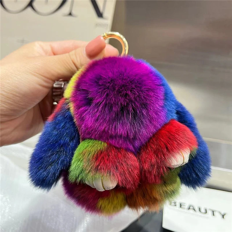 Real Rex Rabbit Fur Keychain Multicolored Plush Bunny Toy Women HandBag Ornaments Car Key Metal Ring Trinkets Girl Birthday Gift