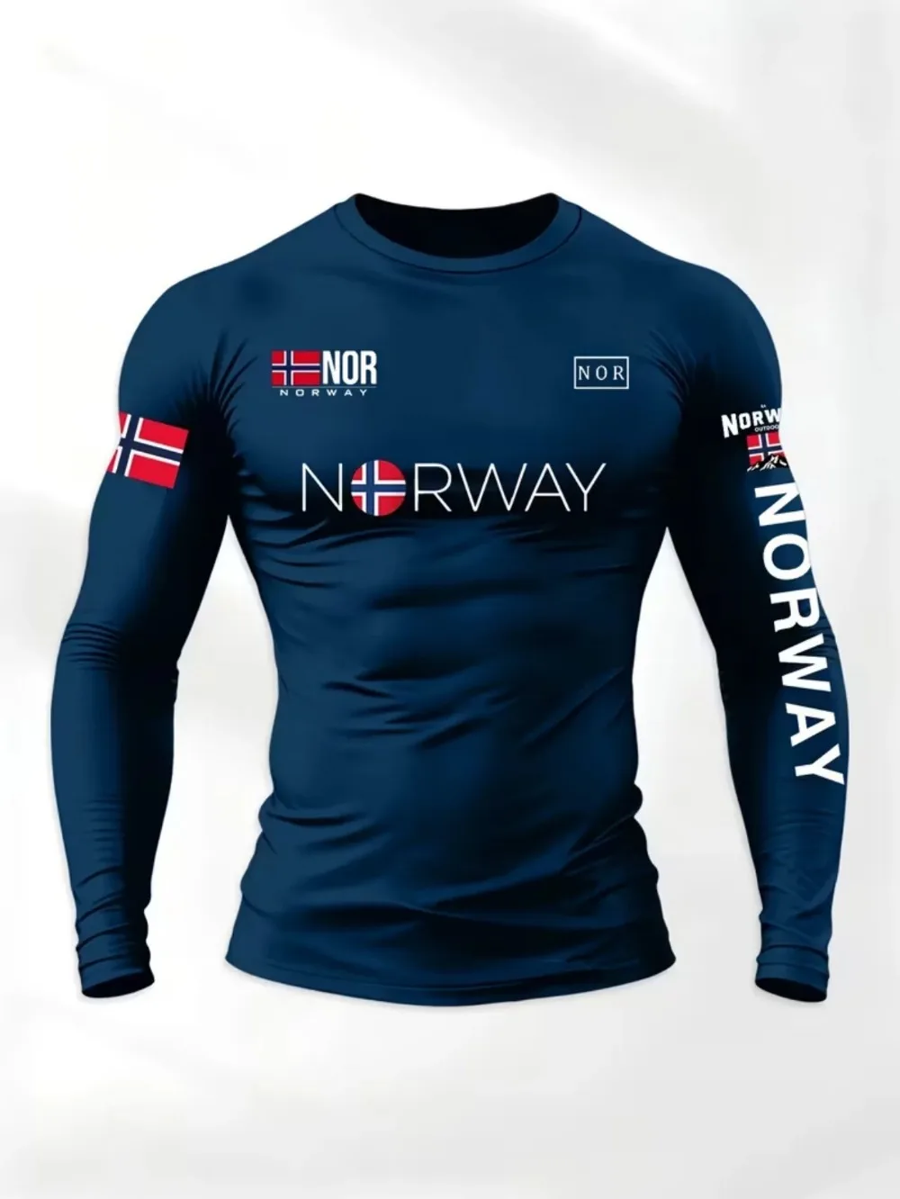 Men’s Norway Flag 3D Printed Long Sleeve T‑Shirt NOR National Flag Graphic Crew Neck Tee Patriotic Casual Sports Long Sleeve Top