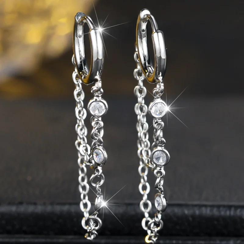 2026 New Double-layer Chain Broken Zircon Ear Buckle with Dynamic Hanging Tassel Zircon Versatile Commuting Accessories