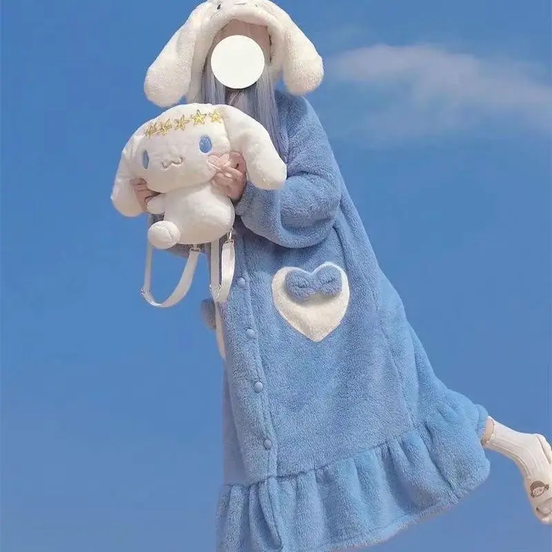 Sanrio New Autumn Winter New Bath Robe Kawaii Soft Girl Cinnamoroll Sleepwear Japanese Blue Home Hooded Pajamas Bathrobe Women