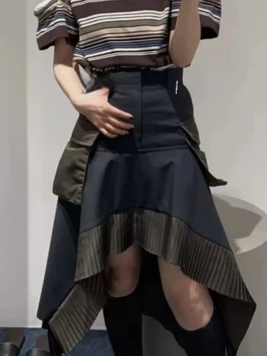 SAC 26summer stitching pleated irregular skirt casual loose design long skirt