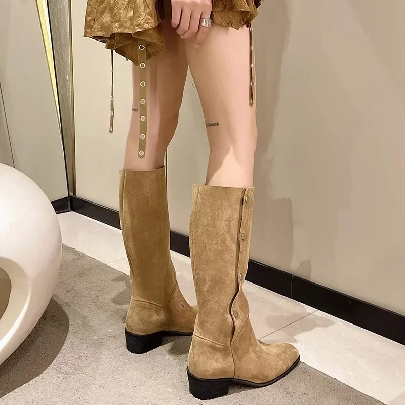 Western Cowboy Boots Women Autumn Square Toe Thick Heel High Knee Boots Woman Suede Fabric Long