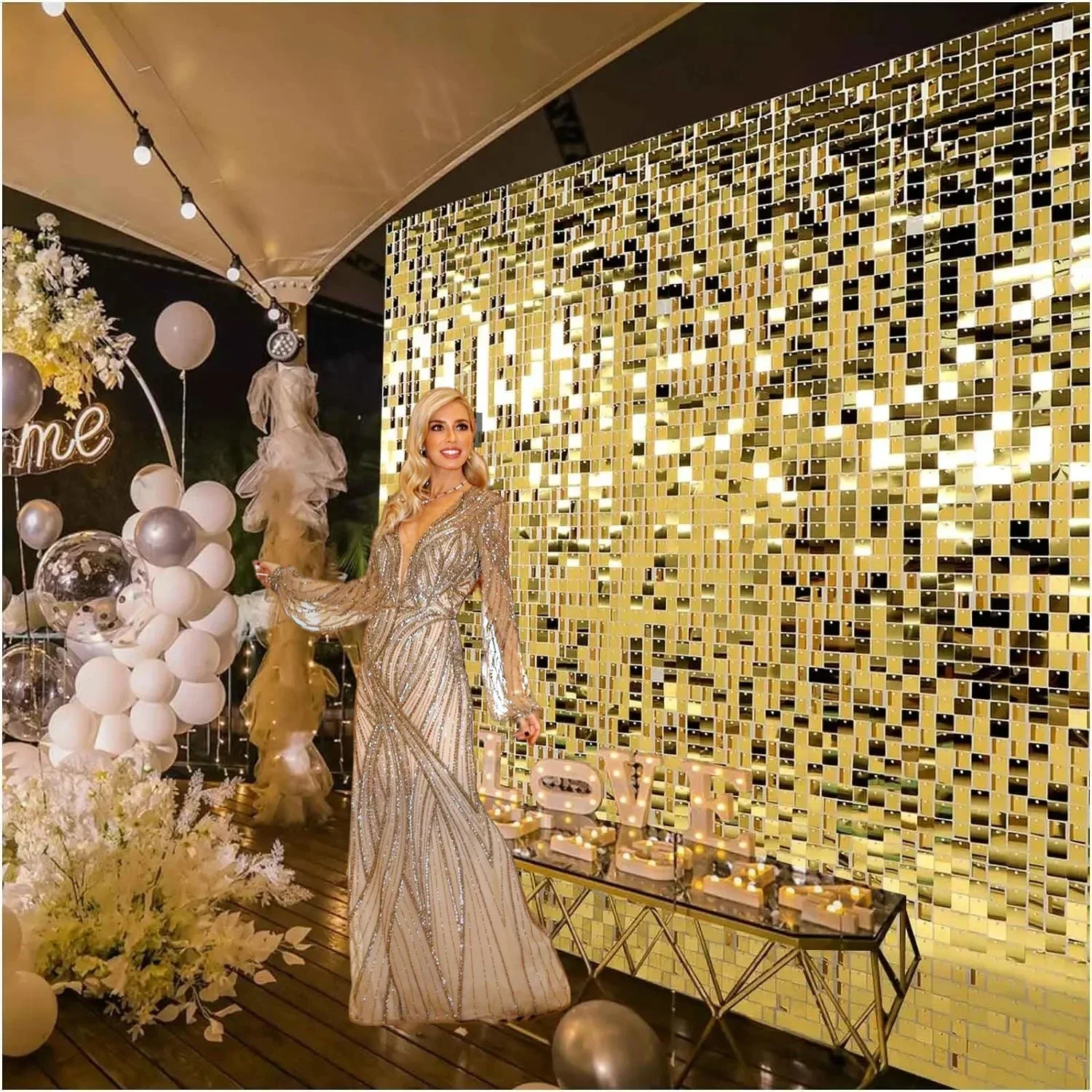 12/24/30PCS Shimmer Wall Backdrops Square Sequin Wall Panel Backdrops Party Backdrops for Wedding Anniversary Birthday Decor