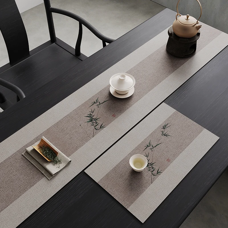 VIKAMA New Chinese Zen-Style Tea Table Mat Long Anti-Slip Decorative Tablecloth Suitable for Dining Tables and Office Desks