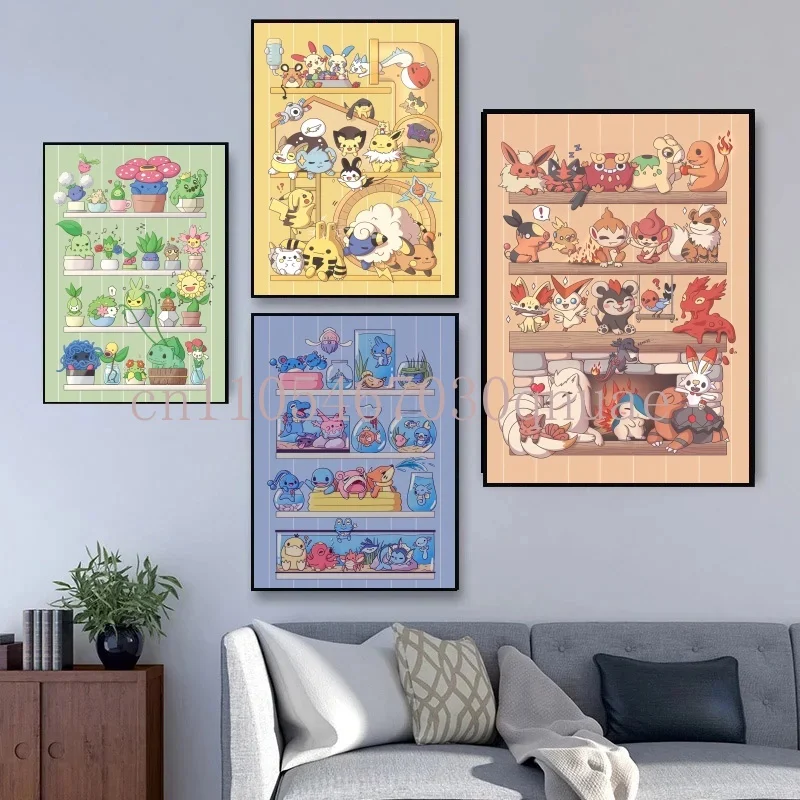 

Anime Pokemon Vintage Posters Peripherals Squirtle Canvas Painting Charizard Fight Picture for Bedroom Birthday Wall Decor Gifts