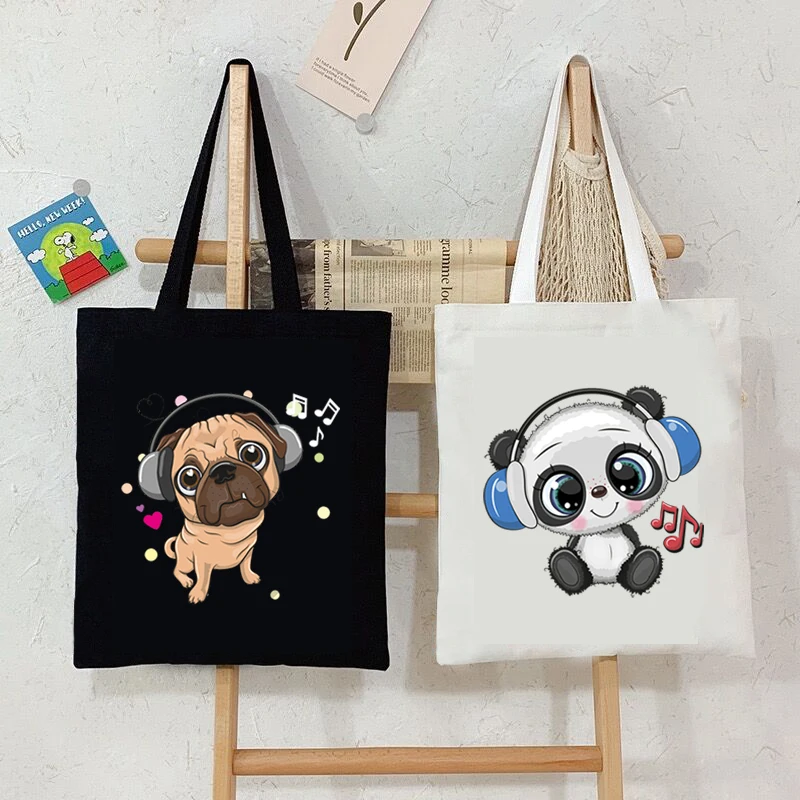 

Women's Tote Bag Panda and Dog Wearing Headphones Pattern Handbag Fashion Cartoon Convenient Shoulder Bag Female Commuter Bag