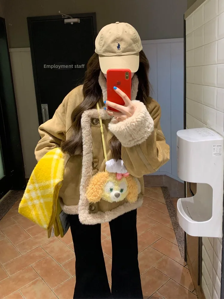 Novo avançado camurça pele de cordeiro jaet feminino ort casual elegância tamanho pequeno couro pele intercada casaco calor aleta design