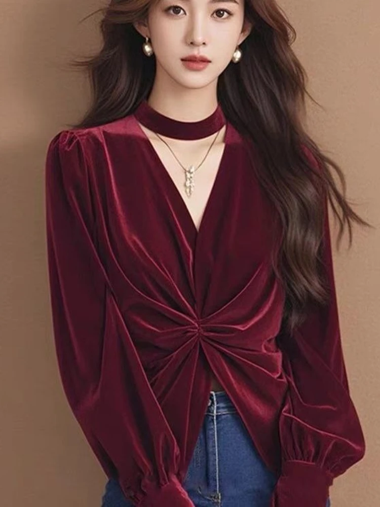 

Fashion Elegant Shirts Solid Color O Neck Long Sleeve Pleated Hollow Out Blouses Spring Autumn Design Female Slim Women Clothing