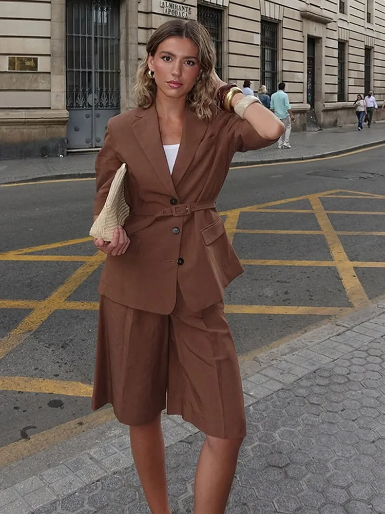 

Linen Lace Up Suit Top Casual Shorts Women Set Solid Color Waist Cinched Suits Blouse Commute Loose Cropped Pants Formal Attire