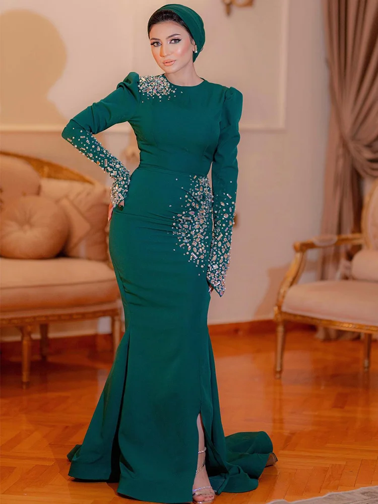 Jirocum Mermaid Muslim Prom Gowns Women's Long Sleeve O Neck Evening Gown Pleated Satin Beaded Crystal Floor Length customized