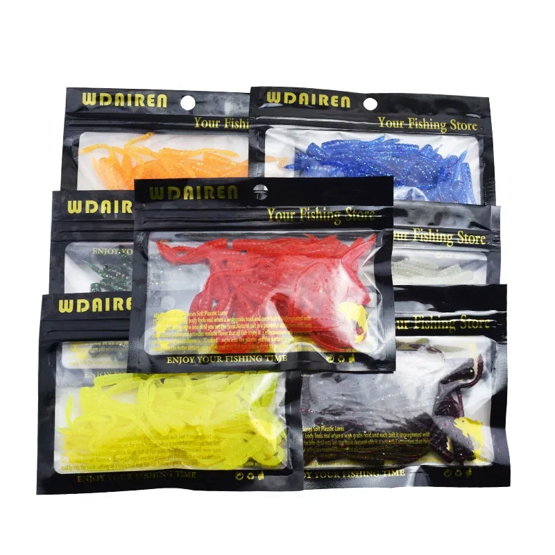50 pçs verme vermelho isca de pesca macia 4.5cm 0.45g com cheiro de sal 7 cores cheiro de peixe artificial silicone isca pesca equipamento de pesca