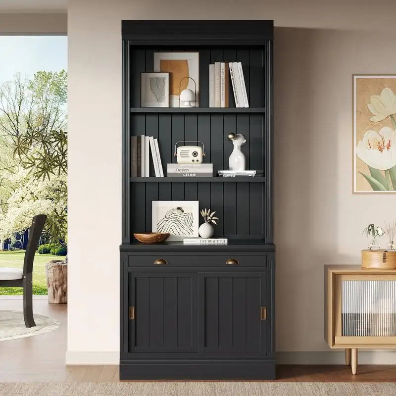 

Modern Tall Bookshelf with Sliding Doors and Open Shelves, Storage Solution for Living Room and Home Office, Black Finish