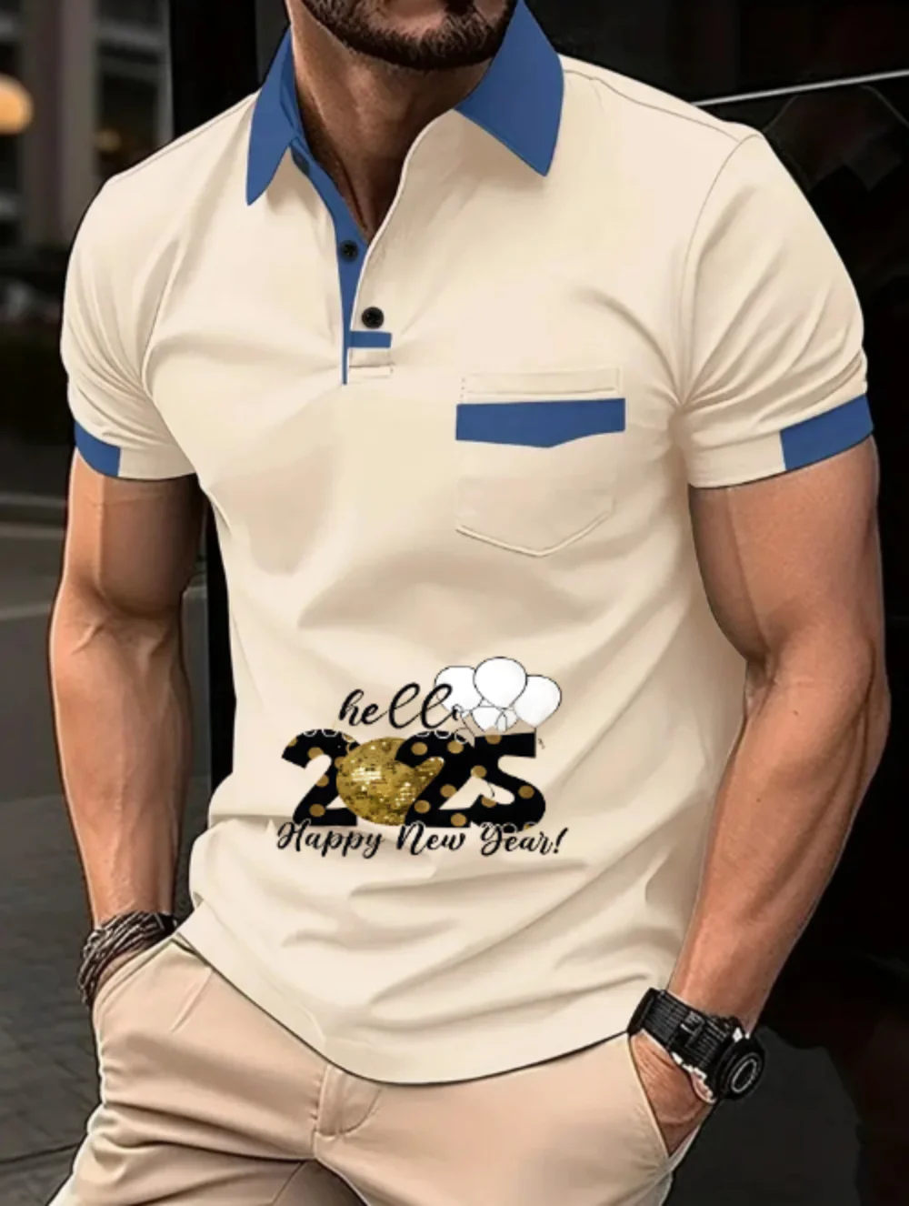 

2025 Men's summer fashionable casual family top short-sleeved polo shirt clothing color New Year creative pattern