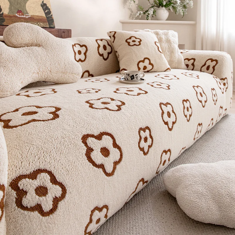 Super Soft Flower Jacquard Sofa Cover Nordic Thickened Polar Fleece Couch Slipcover Autumn and Winter Warm Furniture Protector