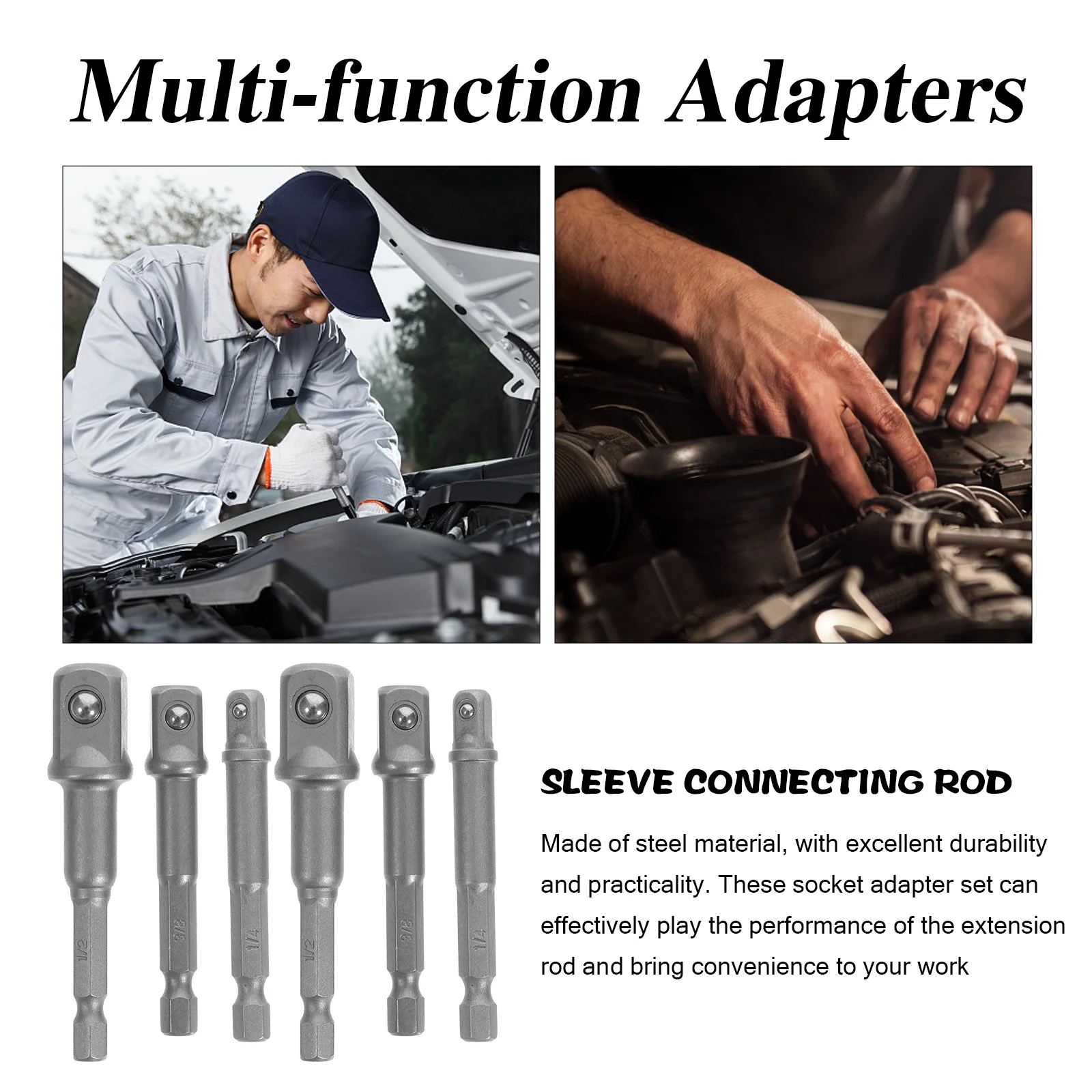 

6pcs Socket Set 1/4 3/8 In 1/2 Socket Adapter In Drill Bit Extension For Impact Driver Durable Steel Hand Tool