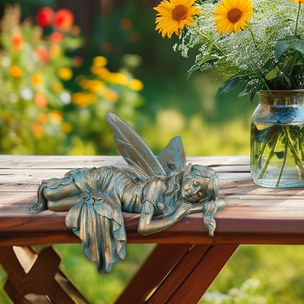 Kunstharz-Imitation Kupfer Schlafender Elf mit Flügeln, Geeignet für Schreibtisch, Innenhof, Rasen, Blumentopf, Valentinstagsgeschenk – Detail 11