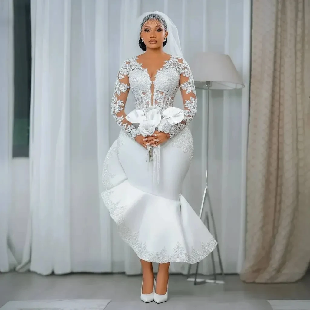 Customized Fit And Flare V-Neck Empire Long Sleeve Lace-up Mid-Calf Wedding Gown Charismatic Satin Beading Sequin
