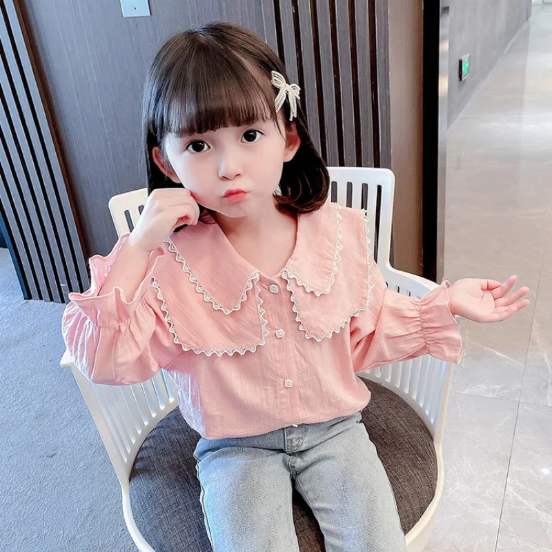 

2025 Girls Spring Autumn Long Sleeve Cute Lapel Tops Solid Color Pullover Thin Sweet Princess Style Casual Children Clothing