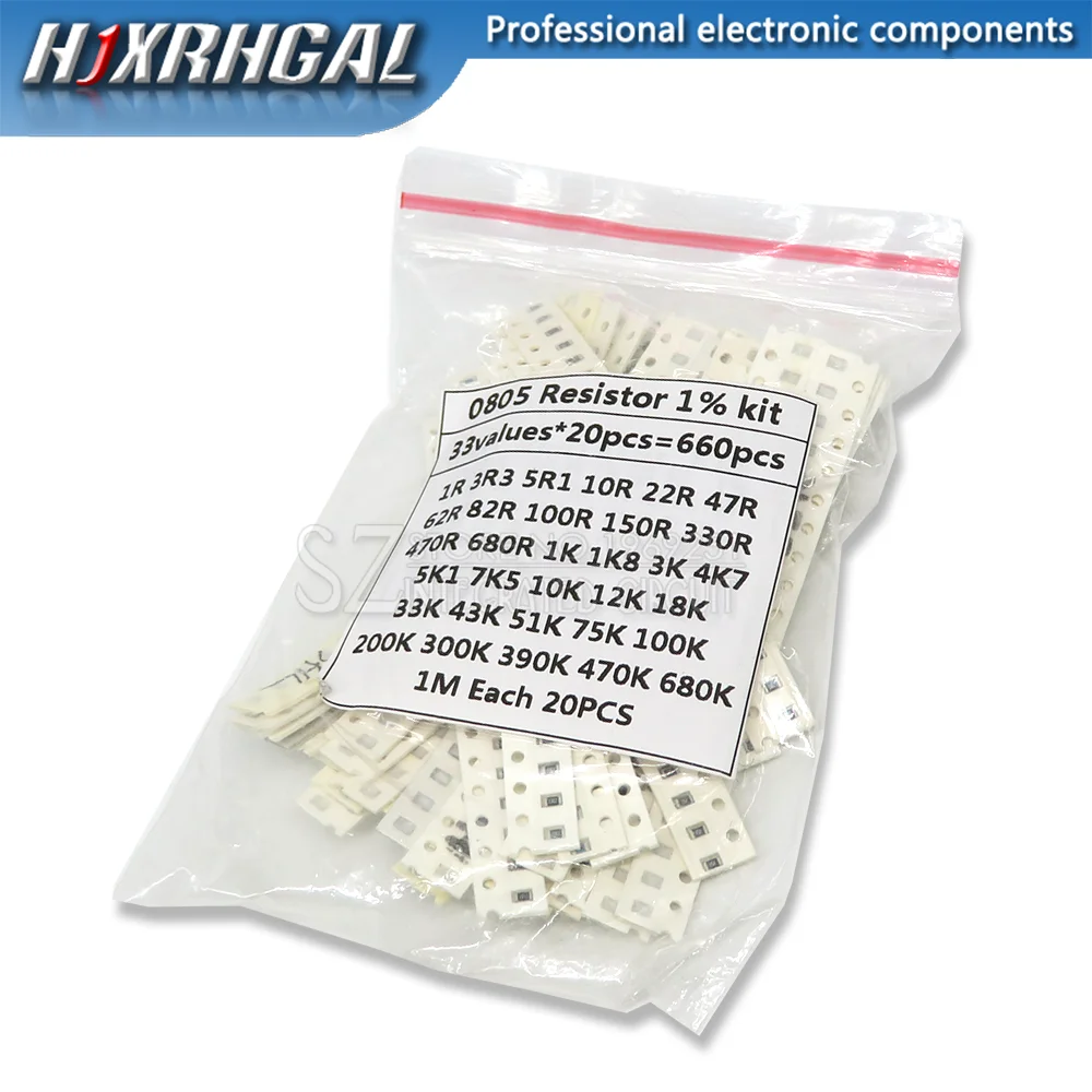 33valuesx 20 pces = 660 pces amostra kit 0805 smd resistor kit sortido 1ohm-1m ohm 1%