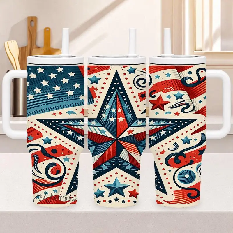 1pc 40Oz 304 Stainless Steel Handheld Cup Patriotic American Flag Stars Stripes Print Insulated Tumbler with Handle And Straw for Outdoor Travel Camping Office Home Suitable Gifts for Halloween Christmas And Other Special Festivals