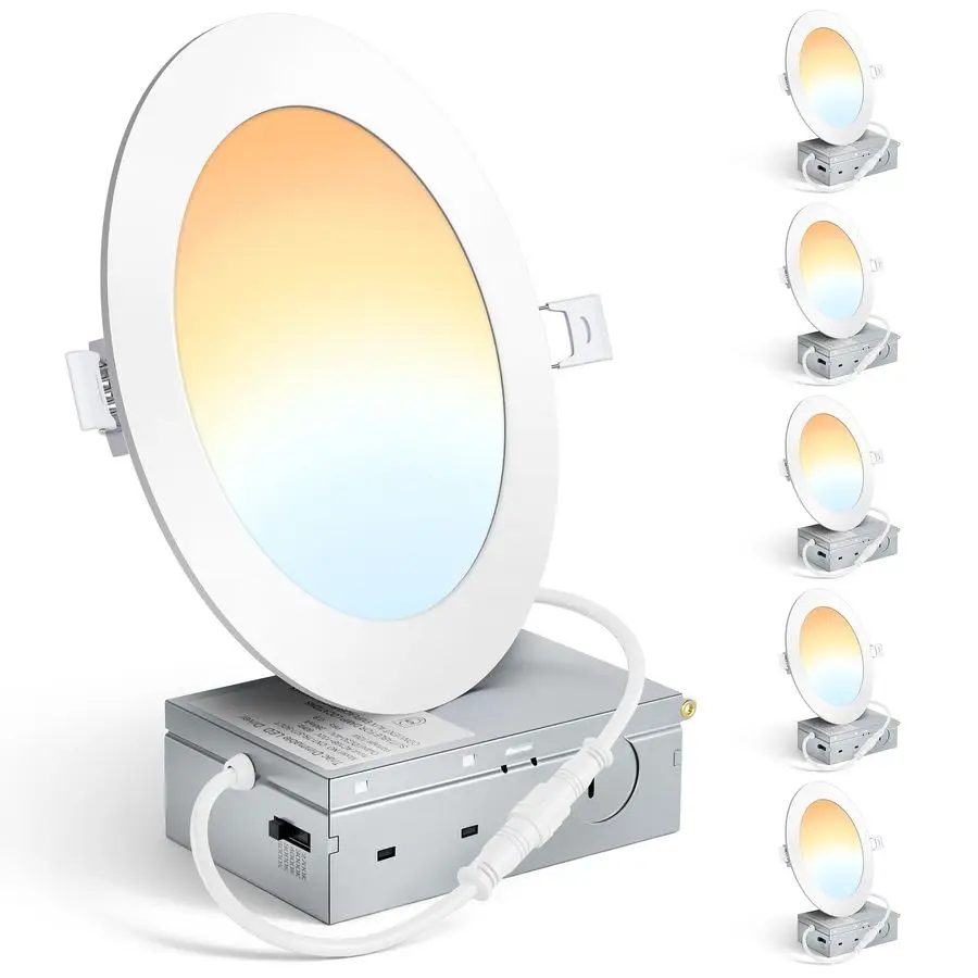 

Набор из 6 светодиодных встраиваемых потолочных светильников 6 дюймов с распределительной коробкой, 1200 лм, высокая яркость, 2700K-6000K, 5CCT, диммируемые, 12 Вт, ультратонкие, встраиваемые.